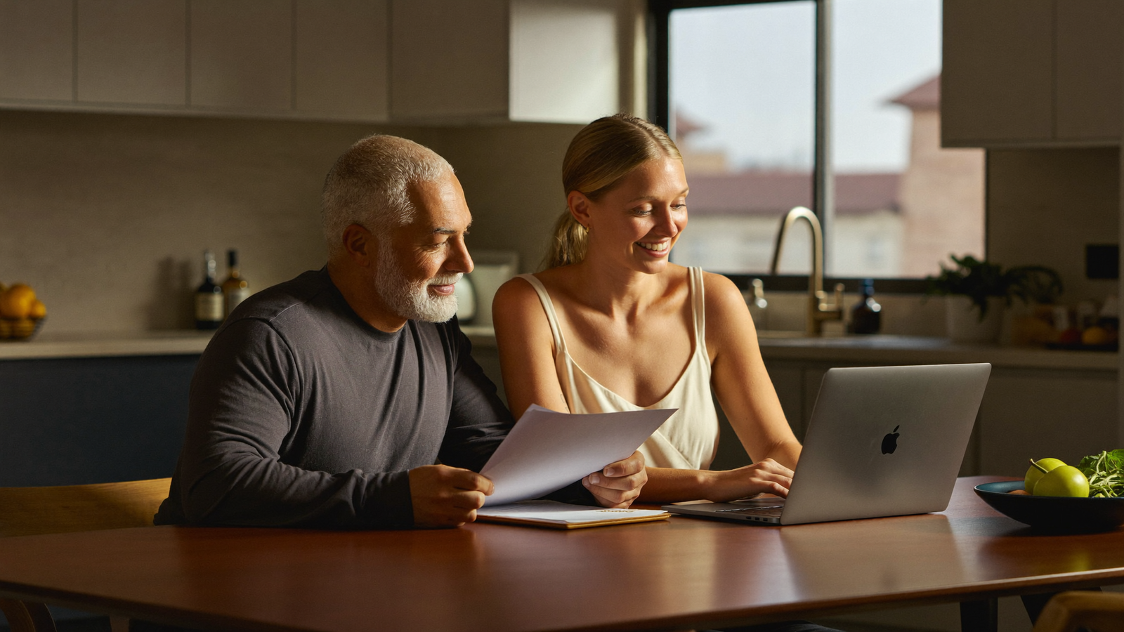 A couple reviewing partner visa paperwork together at a sunlit kitchen table