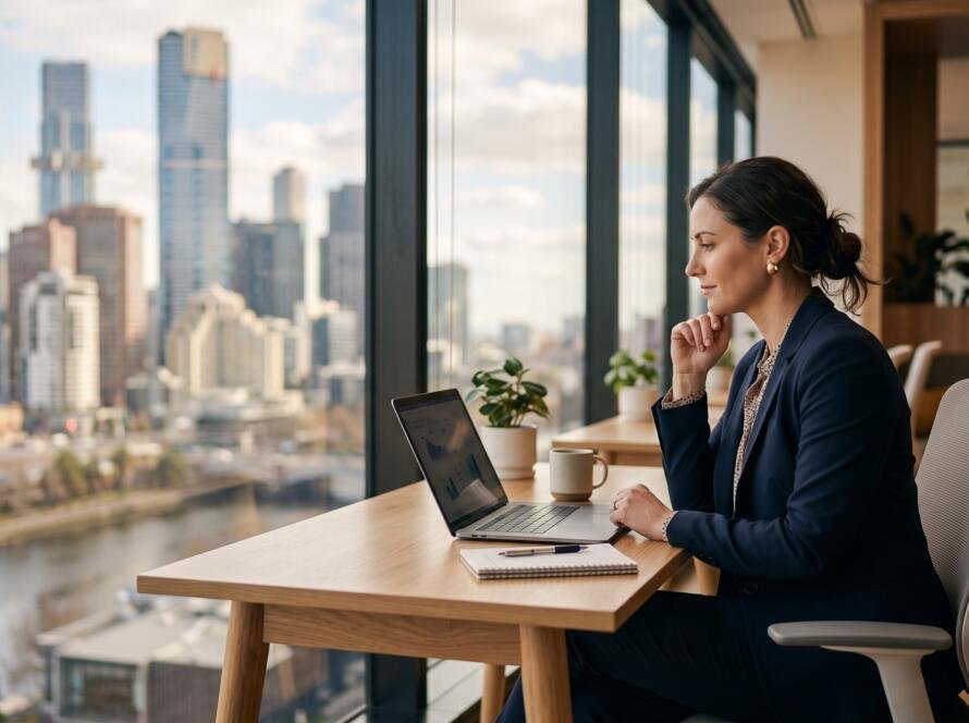 Skilled professional at an office desk overlooking the Melbourne skyline considering visa options
