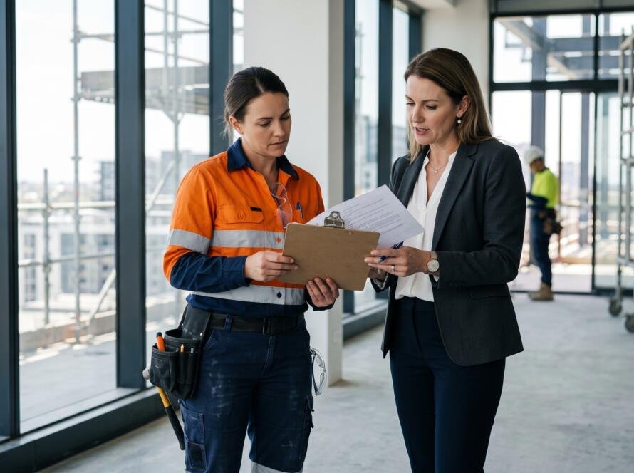 Tradesperson and business manager reviewing sponsorship paperwork on an Australian worksite