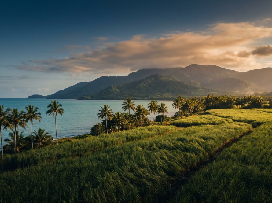 Tropical Far North Queensland coastline and sugarcane fields near Cairns at golden hour