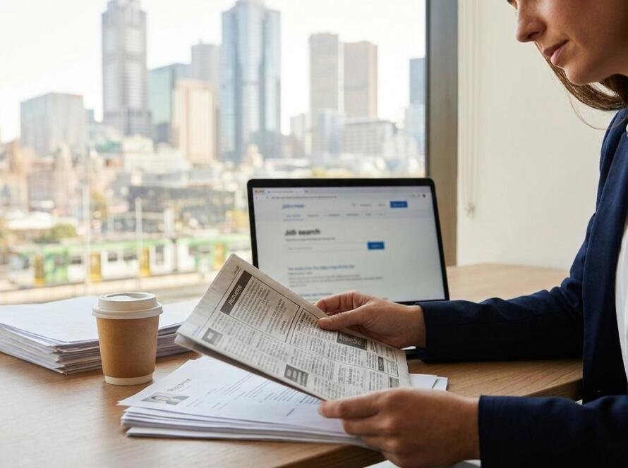 Hiring manager reviewing job advertisements for labour market testing in a Melbourne office