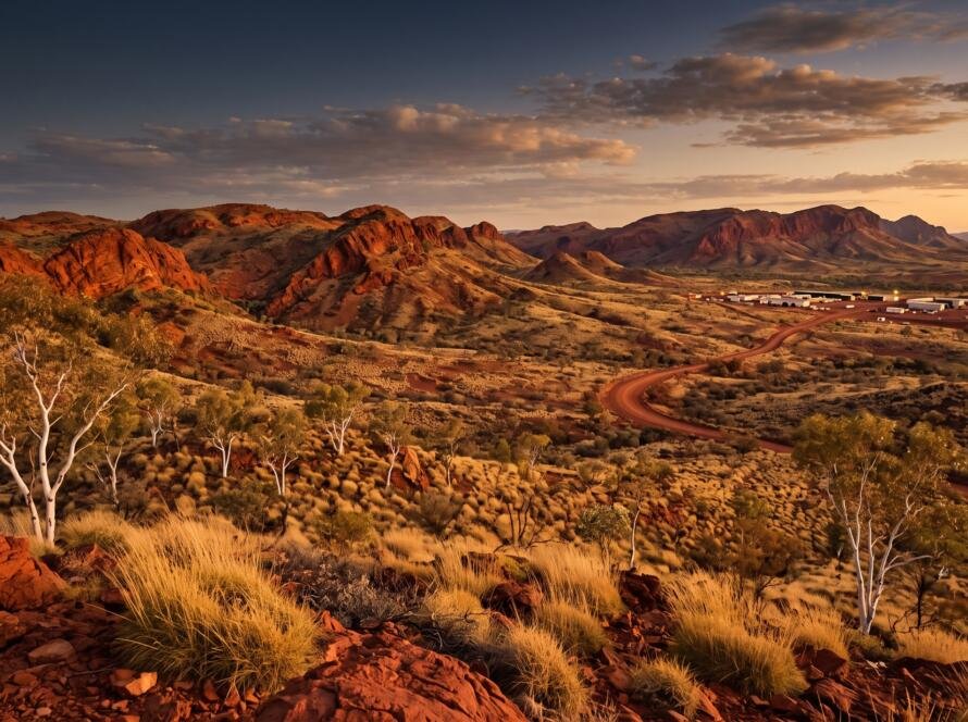 Red Pilbara iron country with spinifex, snappy gums and a distant work camp