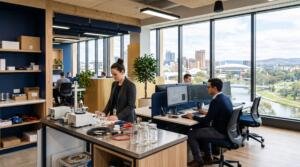 Modern technology and research workplace overlooking the Adelaide city skyline and the River Torrens