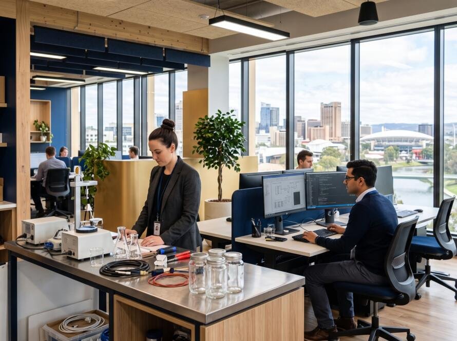Modern technology and research workplace overlooking the Adelaide city skyline and the River Torrens