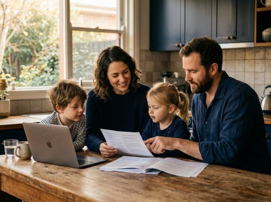 Condition 8501 adequate health insurance: a family reviewing their visa health cover at home