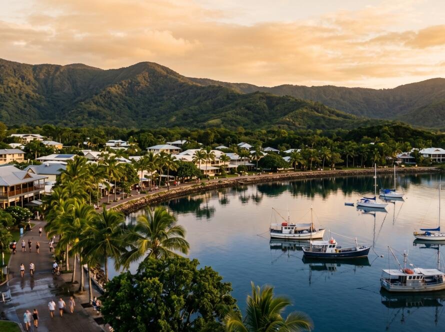 Tropical Far North Queensland coastal town at golden hour with working boats and rainforest ranges behind