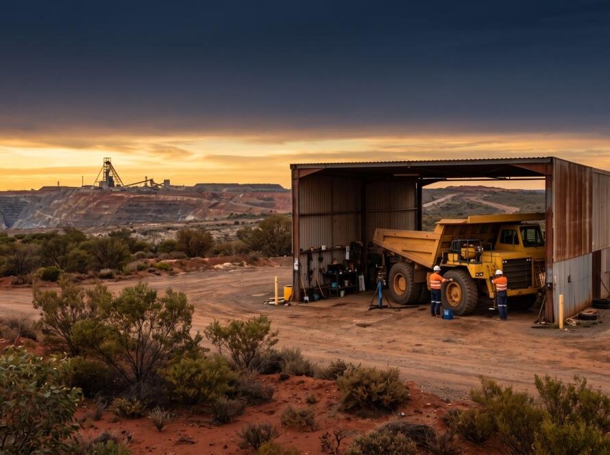 Goldfields open cut gold mine and heavy vehicle workshop near Kalgoorlie-Boulder at dusk