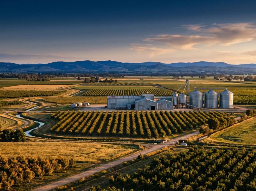 Goulburn Valley orchards, farmland and grain silos near Shepparton at golden hour