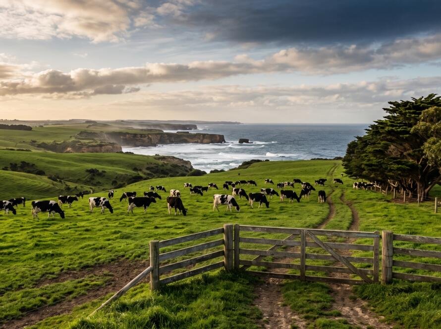 Dairy herd grazing on green paddocks above the limestone coastline of south west Victoria near Warrnambool