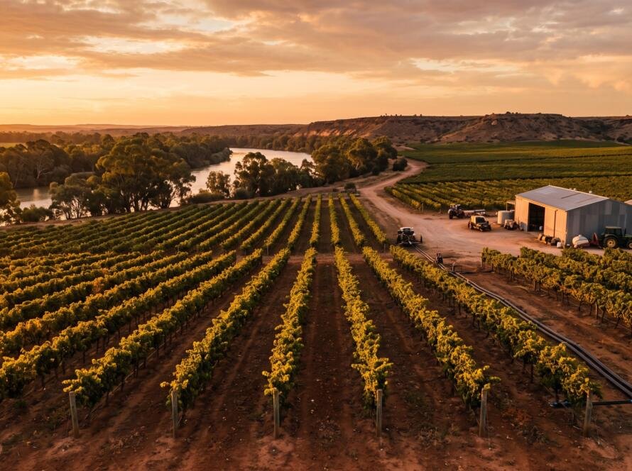 Riverland vineyards and farmland in regional South Australia at sunset