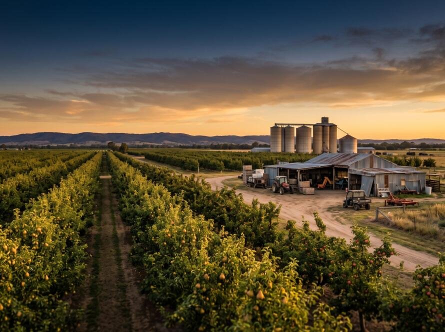 Fruit orchard and packing shed on the Goulburn Valley plains in regional Victoria at sunset