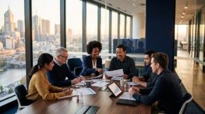 Team of professionals in a modern Melbourne office meeting room