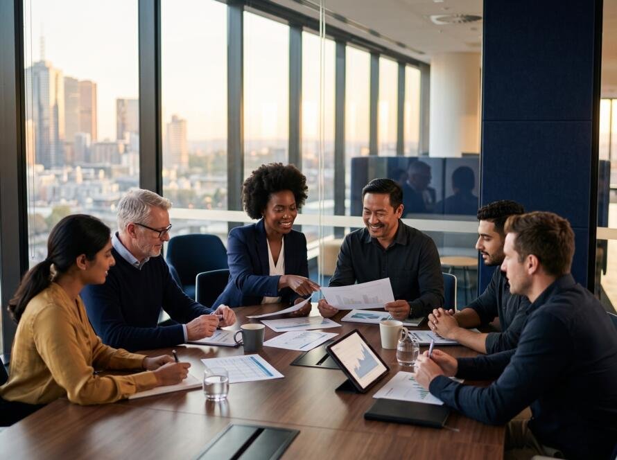 Team of professionals in a modern Melbourne office meeting room