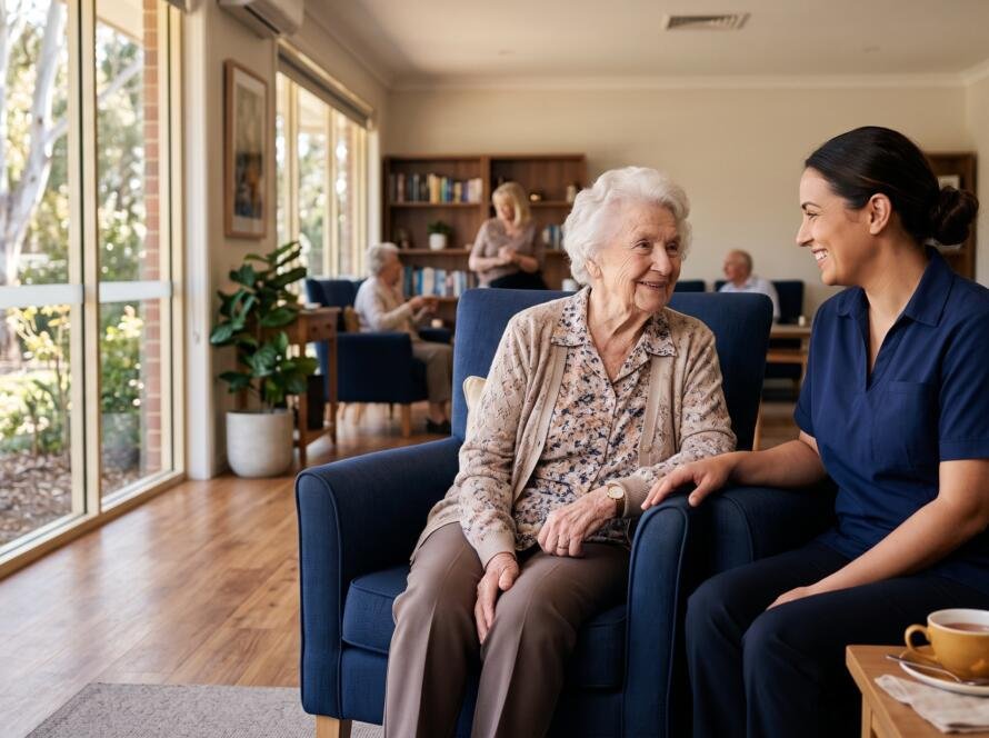 A carer and a resident in a bright common room of an Australian aged care home