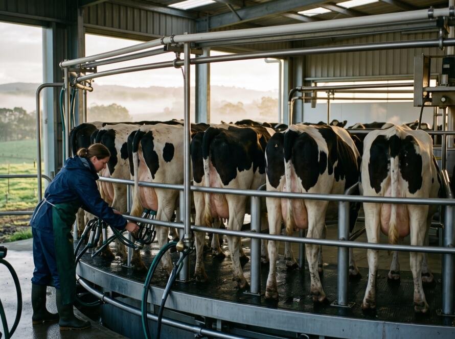 A farm worker attaching milking cups on a rotary dairy at dawn in south west Victoria