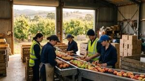 Workers sorting apples and stone fruit on a grading line in an Australian orchard packing shed