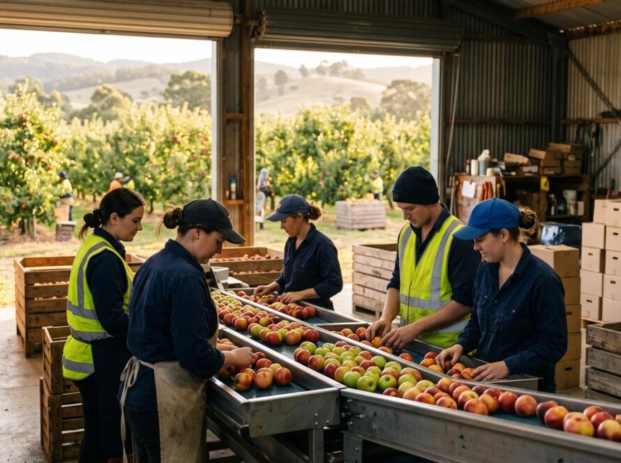 Workers sorting apples and stone fruit on a grading line in an Australian orchard packing shed