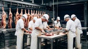 Workers in white coats and hard hats at boning tables inside an Australian meat processing plant