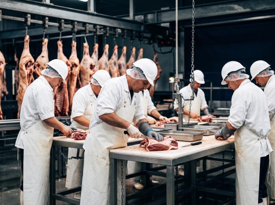 Workers in white coats and hard hats at boning tables inside an Australian meat processing plant
