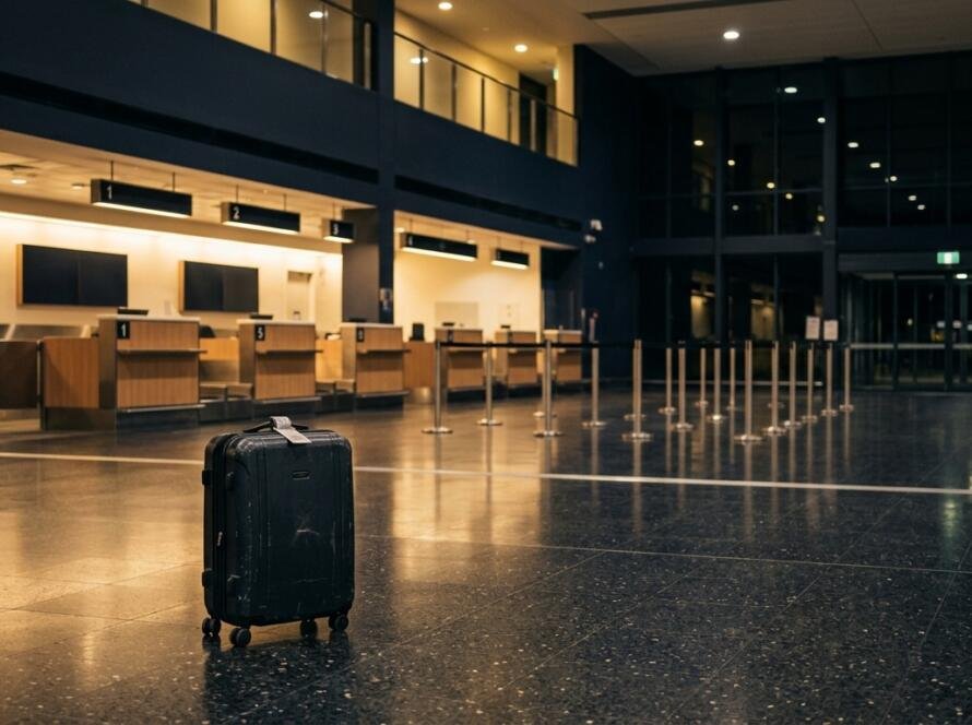 Visa cancelled at the airport: a lone suitcase in an empty arrivals hall